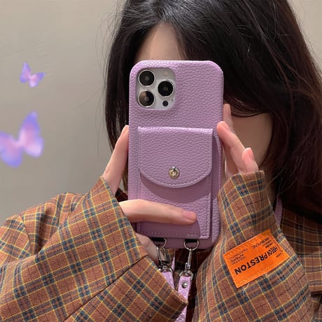 ICカード収納 iPhone14/15Proケース ショルダー付き アイフォン13mini/12/11カバー 革製 高品質 シンプル 便利[M2696]