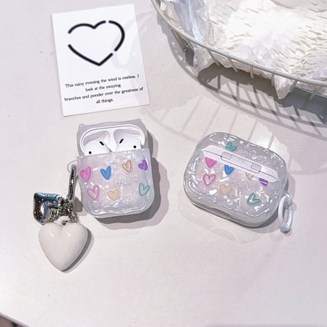 シェル風ハート柄 Airpods Pro3ケース キュート Airpods4/3カバー pro2/pro1 うねうね リング/キーホルダー付 光沢感[M6043]