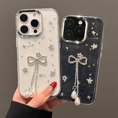 ジュエリーリボンフリンジ iPhone16pro/16ケース ラメ入り クリア iPhone14/13pro/12カバー 大人可愛い 人気アイテム[M5233]