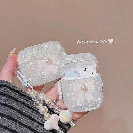 パールリボン Airpods 4ケース シェル柄 Airpods3/Pro2ケース airpodspro2カバー  パールキーチェーン付 大人可愛い 高級感[M5249]
