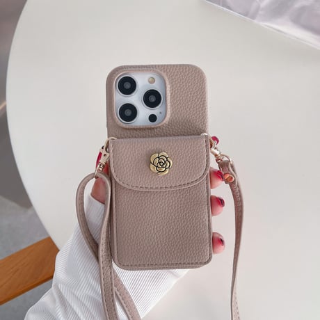 交通カード入れ iPhone14/15proケース 花デコ レザー製 iPhone12pro/13/11proカバー 肩掛けストラップ シック オシャレ便利[M3244]
