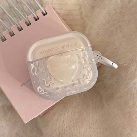シェル風ハート Airpods Pro3ケース リボン柄 Airpods 4/3カバーケース AirpodsPro2/1  キラキラ感 オシャレホワイト [M6187]