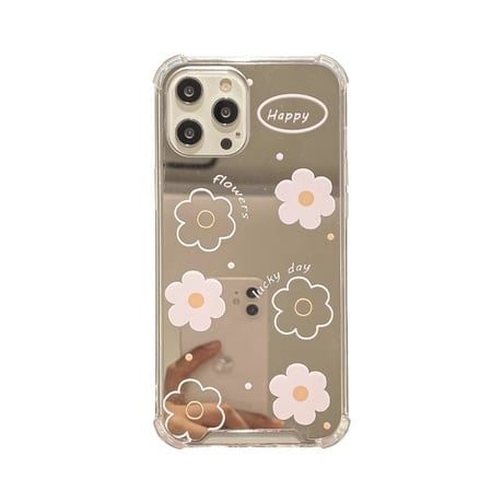 花柄鏡付 iPhone15/15proケース かわいい 丈夫 iPhone14/13mini/12/11カバー 便利 女子力UP [M3993]