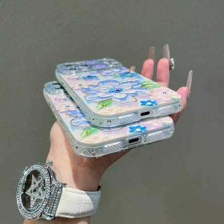 油絵花 iPhone17Pro/17ケース ダイヤデコライン iPhone17Promax/16Pro/15ケース かわいい 春夏向け[M6155]
