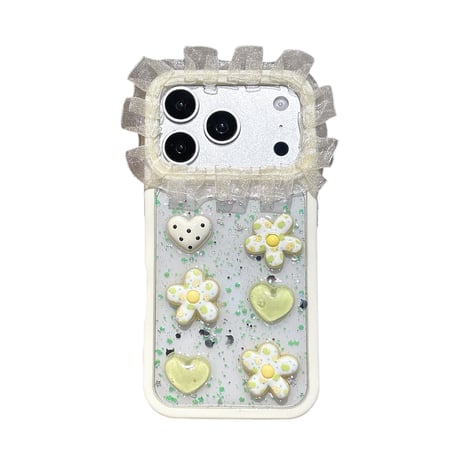 レース iPhone17/17Proケース 花/ハートデコ キラキラ感 iPhone16Pro/15/14ProMaxカバー 可愛い 女子ファッション [M6200]