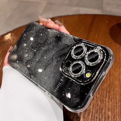 ぼかしブラック iPhone16/16plusケース  耐衝撃加工 iPhone15Pro/14/13pro/12クリアケース キラキラ かわいい レンズ保護[M4816]