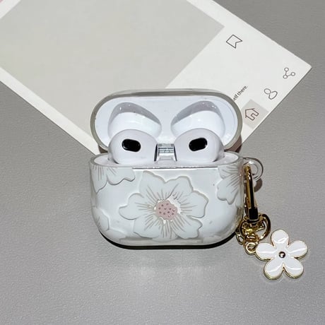 春夏 Airpods4ケース 白花柄  Airpods3/Pro2ケース airpodspro2カバー  花キーチェーン付 女子力高い 淡色系[M5204]