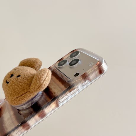 熊グリップ iPhone17/17Proケース シック縞模様 アイフォン16ProMax/15Pro/14カバー  スタンド機能 可愛い[M5912]