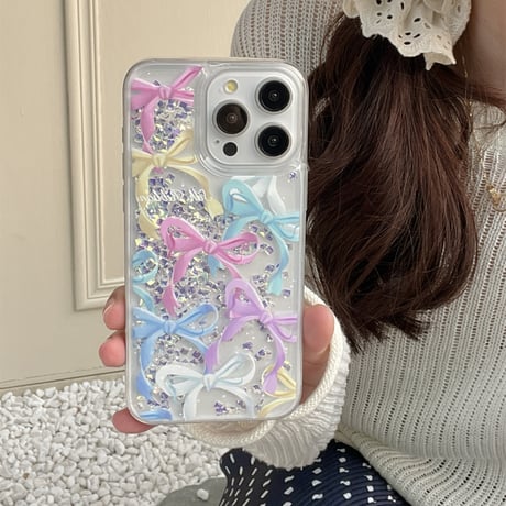動くダイヤ iPhone15/15proケース リボン柄 iPhone14/13pro/12クリアケース かわいい女子力アップ[M4506]