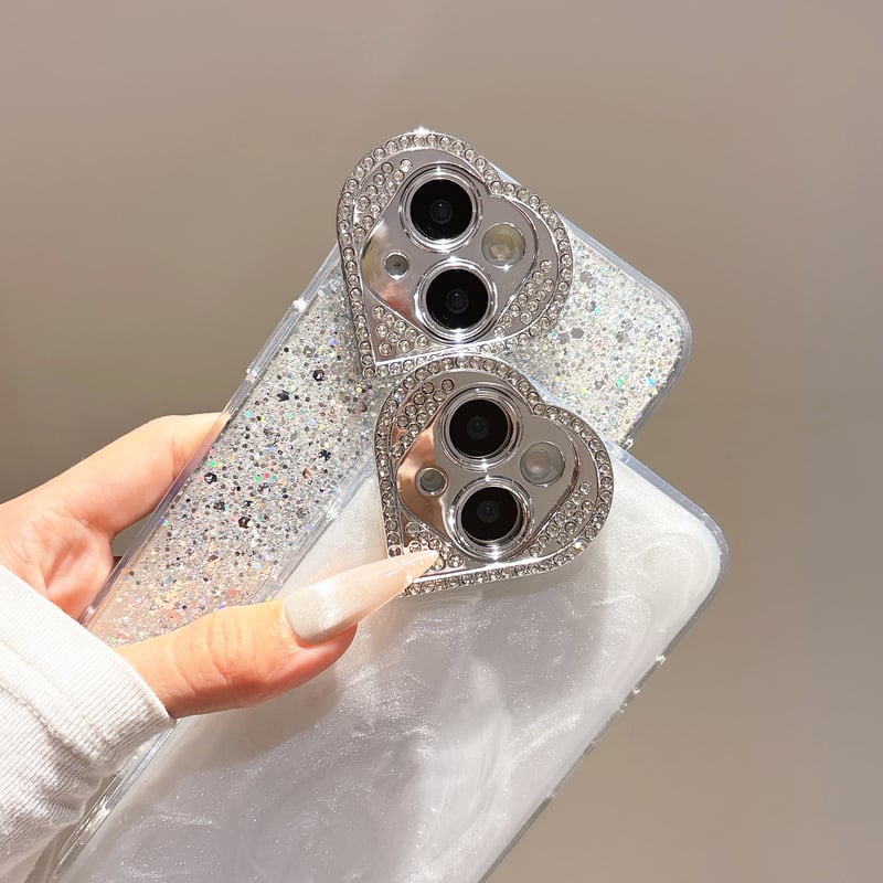 ハート型カメラ保護 iPhone16/16Proケース ジュエリーデコ iPhone15/14