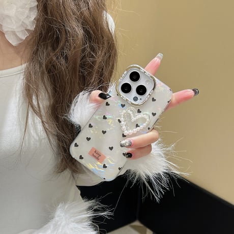 パールハート iPhone15/15proカバー シェル風 iPhone14pro/13pro/12proケース かわいい キラキラ 女子 ギフトに最適[M4079]