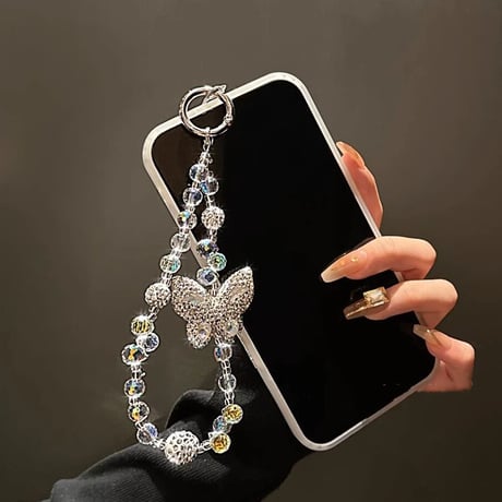 ジュエリー蝶 スマホストラップ 上品 キラキラ Airpodsアクセサリー キーホルダー 女子力アップ 高級感おしゃれ iphone、AQUOS、Galaxyなど全種類対応 [M5050]