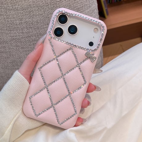 高級感ビジュー iPhone17Pro/17ケース キルティングデザイン 菱形 iPhone16/15promax/14/13proカバー ダイヤリボン 上品 オトナ可愛い [M6034]