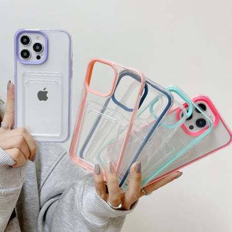 ICカード入れ iphone14pro/15proケース  カラー枠 頑丈iphone13/12/11proカバー   シンプル  お揃い 使いやすい 定番[[M2663]