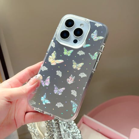 鏡付き蝶々 iPhone16pro/16ケース キラキラ 艶感 iPhone15promax/14/13proカバー 夏コーデにおすすめ [M5307]