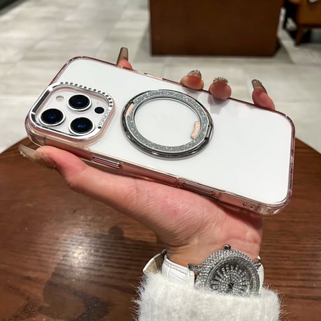 高級感 iPhone16pro/16ケース ラメ入り虹色リングスタンド iPhone15promax/14proカバー ジュエリーデコ 高透明高品質 [M5275]