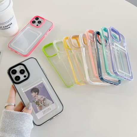 ICカード入れ iphone14pro/15proケース  カラー枠 頑丈iphone13/12/11proカバー   シンプル  お揃い 使いやすい 定番[[M2663]