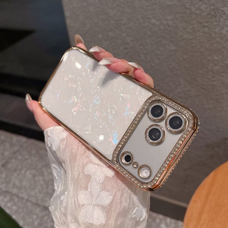 ジュエリーライン iPhone17Pro/17ケース シェル柄 iPhone16/15ProMax/14ケース ラグジュアリー感 キラキラ感 レンズ保護[M6252]