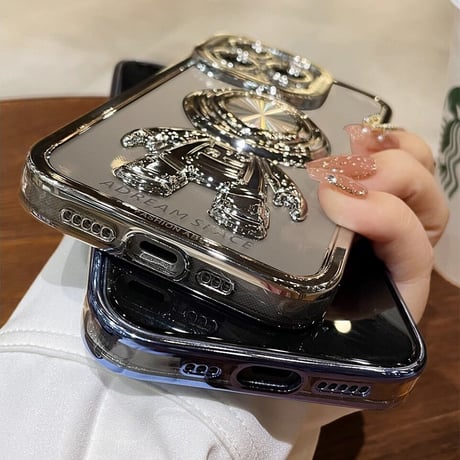 宇宙飛行士リング付 iPhone15/14proケース メッキクリアアイフォン13/12/11proカバー スタンド 便利 艶あり セレブ愛用 [M2637]