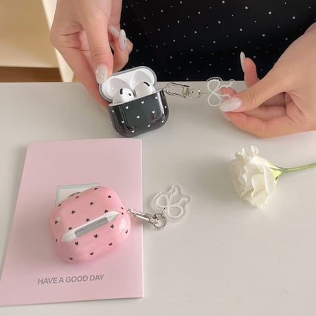 ハート柄 Airpods 4ケース リボンキーホルダーとリング付 Airpods3/Pro2ケース airpodsproカバー 可愛い 女子力高い[M5093]