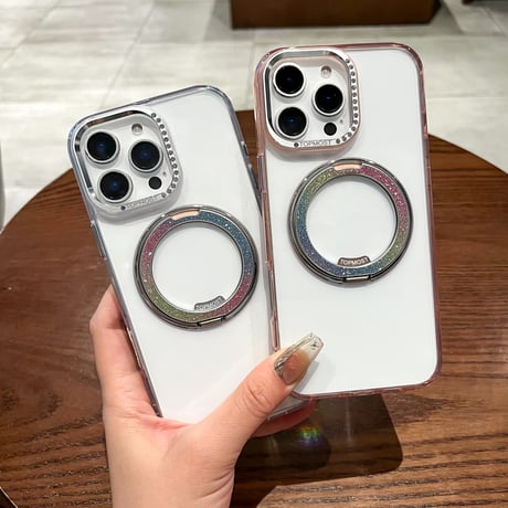 高級感 iPhone16pro/16ケース ラメ入り虹色リングスタンド iPhone15promax/14proカバー ジュエリーデコ 高透明高品質 [M5275]