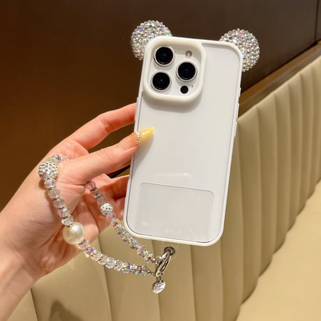 ダイヤ耳付 iPhone16Pro/17ケース キラキラストラップ付 iPhone15promax/14pro/13カバー 透明 可愛すぎ[M5619]