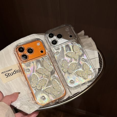 パール蝶々デコ iphone17Pro/17ケース  キラキラ光る アイフォン17promax/16/15proカバー おしゃれさんにおすすめ[M5811]