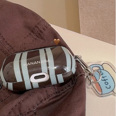 Airpods 4ケース 縞模様 コーヒーチャーム付 AirpodsPro2/Pro1カバー  エアポッズ3/2 シック インスタ人気[M4705]