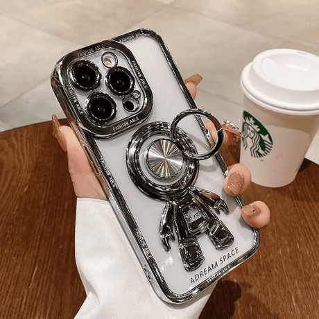 宇宙飛行士リング付 iPhone15/14proケース メッキクリアアイフォン13/12/11proカバー スタンド 便利 艶あり セレブ愛用 [M2637]