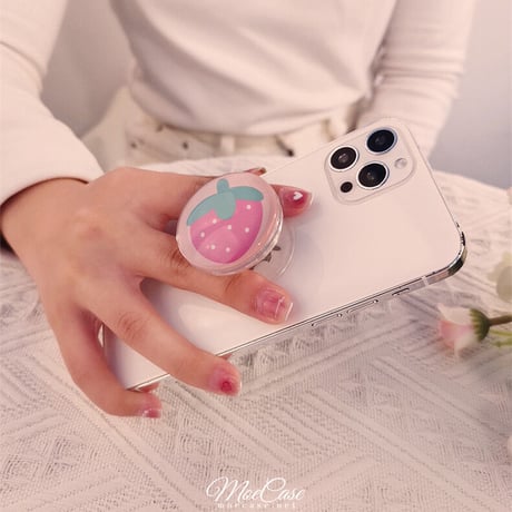 クリスタル スマホグリップスタンド イチゴ/ピーチ/黒花/牛柄 かわいい 粘着タイプ キラキラ 全機種対応 オシャレ トレンド[M3107]