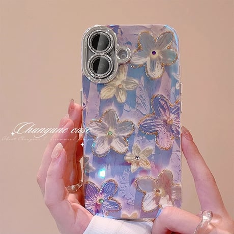 おしゃれ iPhone16/16proケース 花柄 キラキラレンズカバー iphone15pro/14/13/12proカバー  綺麗 人気[M4636]