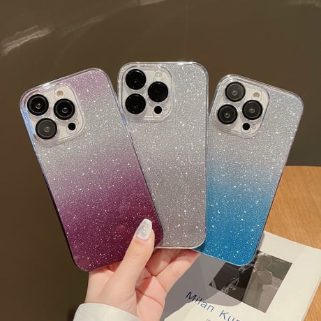キラキラ黄ばまないiPhone14/14proケース ラメシール付 アイフォン13/12proカバー  レンズフィルム付 高透明感 美しいグラデーションカラー [M3095]