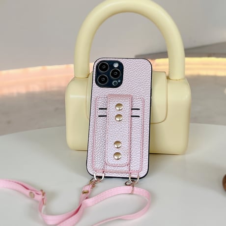 icカード入れ2個 iphone14/14proケース リベットベルト レザー 紐付き アイフォン13/12/11カバー 高級感 スタンド付 [M2210]