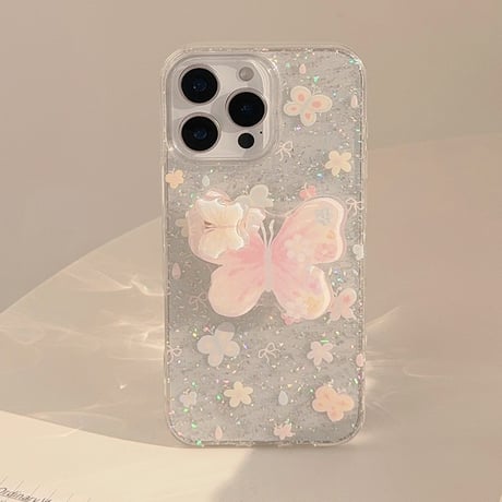 蝶グリップ iPhone16pro/16ケース グリッター入り iPhone15promax/14pro/13/12カバー スタンド付 人気アイテム[M5270]