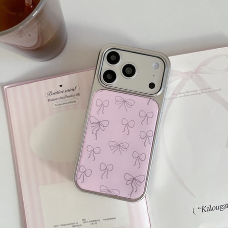 リボン柄 iPhone17/17Proケース ピンクカラー iPhone16Pro/15ProMax/14カバー キュート 女子力高い[M5914]