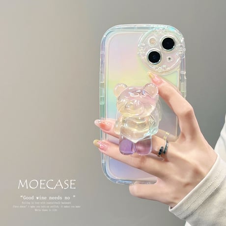 キラキラクマさんグリップ付 iphone14/13proケース  レインボーカラー iphone12/11カバー  可愛い  お洒落 多機能 綺麗透明感[M2181]