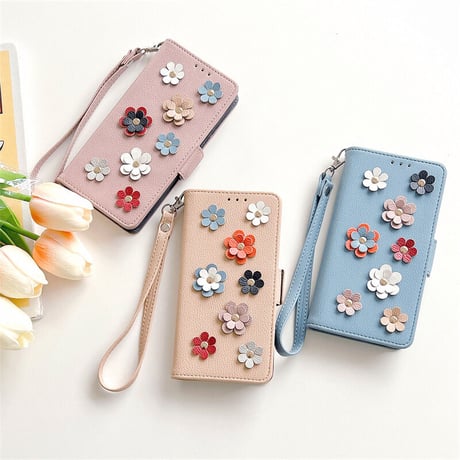手帳型 iphone14pro/13miniケース 立体花 カード入れ3個 iphone12mini/11promaxカバー お札入れ1個 ストラップ付 可愛い レザー[M2184]