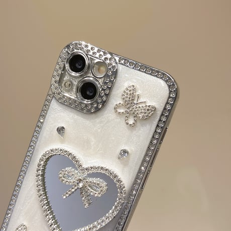 リボンミラー iPhone16pro/16ケース 蝶々 ストーン iPhone15pro/14/13promaxカバー 可愛い 大人ガーリーに人気[M5495]