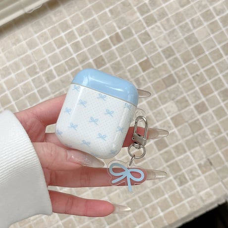 韓国っぽ Airpods 4/Pro3ケース リボン柄 Airpods 3カバー  AirpodsPro2/1  キーホルダー付 お洒落 光沢感 [M6067]