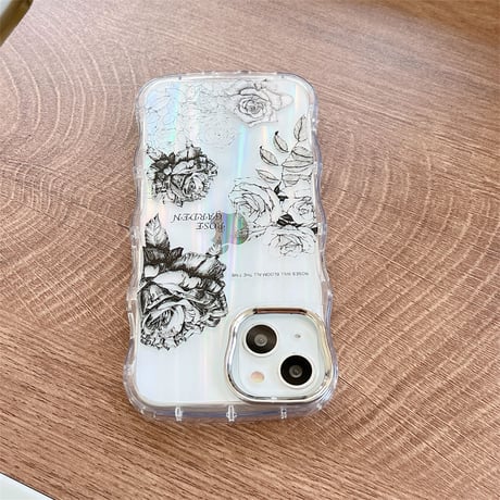 スケッチ薔薇 iphone14/13ケース レザー光る アイフォン12pro/11ケース  リボンストラップ付 かわいい 高品質 落下防止枠[M3075]