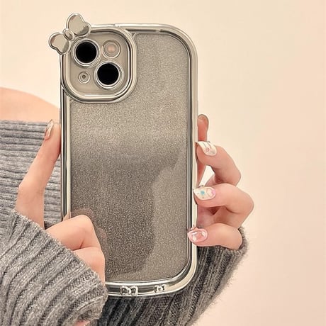 リボン iPhone15/15proケース メッキ キラキラインナーシート付 iPhone14/13pro/12ケース シルバー かわいい[M3928]