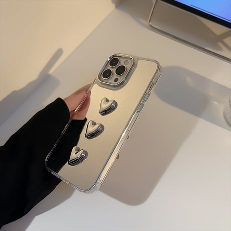 ハートデコ鏡 アイフォン16/16promaxケース ハートストラップ iPhone15pro/14/13proカバー  可愛い 丈夫 夏に人気[M5435]
