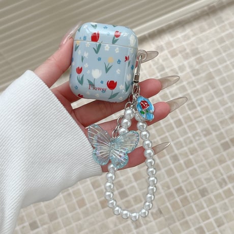 花柄 Airpods Pro3ケース 蝶パールストラップ Airpods 4/3カバー AirpodsPro2/1  存在感ある 春コーデ [M6134]