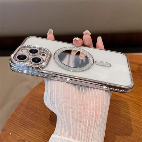 ミラー iPhone16/16Proケース  ジュエリー iPhone15pro/14/13Proカバー Magsafe対応 キラキラインナーシート付 人気品[M4587]