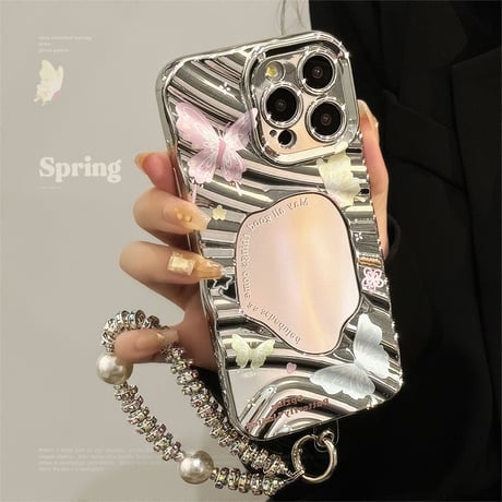 ジュエリーストラップ iPhone15pro/15ケース 鏡付き蝶柄 アイフォン14pro/13promax/12カバー 可愛い 女子力アップ[M4316]
