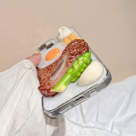 ステーキ/目玉焼き iphone17/16proケース 立体食べ物/野菜 アイフォン15/14promaxケース 面白い 美味しそう クリアケース ギフトにおすすめ[M3203]