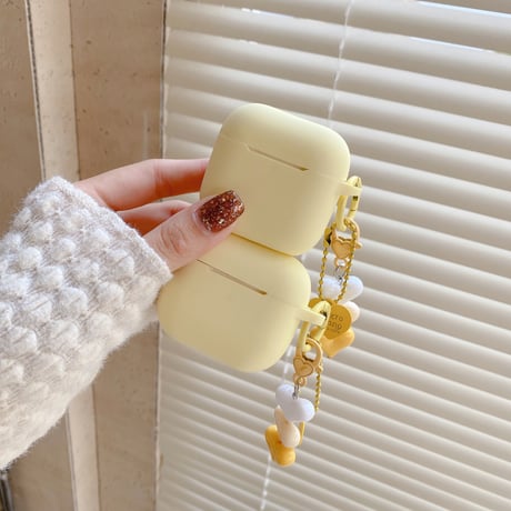 薄い黄色 Airpods Pro3ケース シリコン製 Airpods 4/3カバー  AirpodsPro2/1  充電口カバー付  ハートキーホルダー付 [M6125]