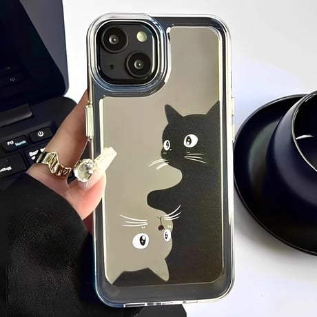 鏡付 ねこちゃん iPhone15/15proケース 可愛い iPhone14/13pro/12ケース 便利 丈夫 ギフトにおすすめ[M3998]