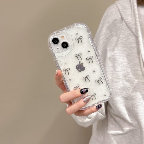 立体リボン iPhone15/16proケース うねうね ラメ入り iPhone14/13pro/12proケース キラキラクリアケース[M4436]