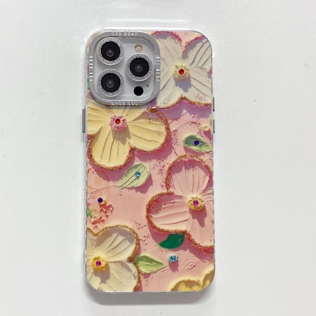 花柄 iPhone15/15Plusケース 光る油絵 綺麗 iPhone14/13proカバー ガールファッション 頑丈 かわいい 耐久性 [M3543]